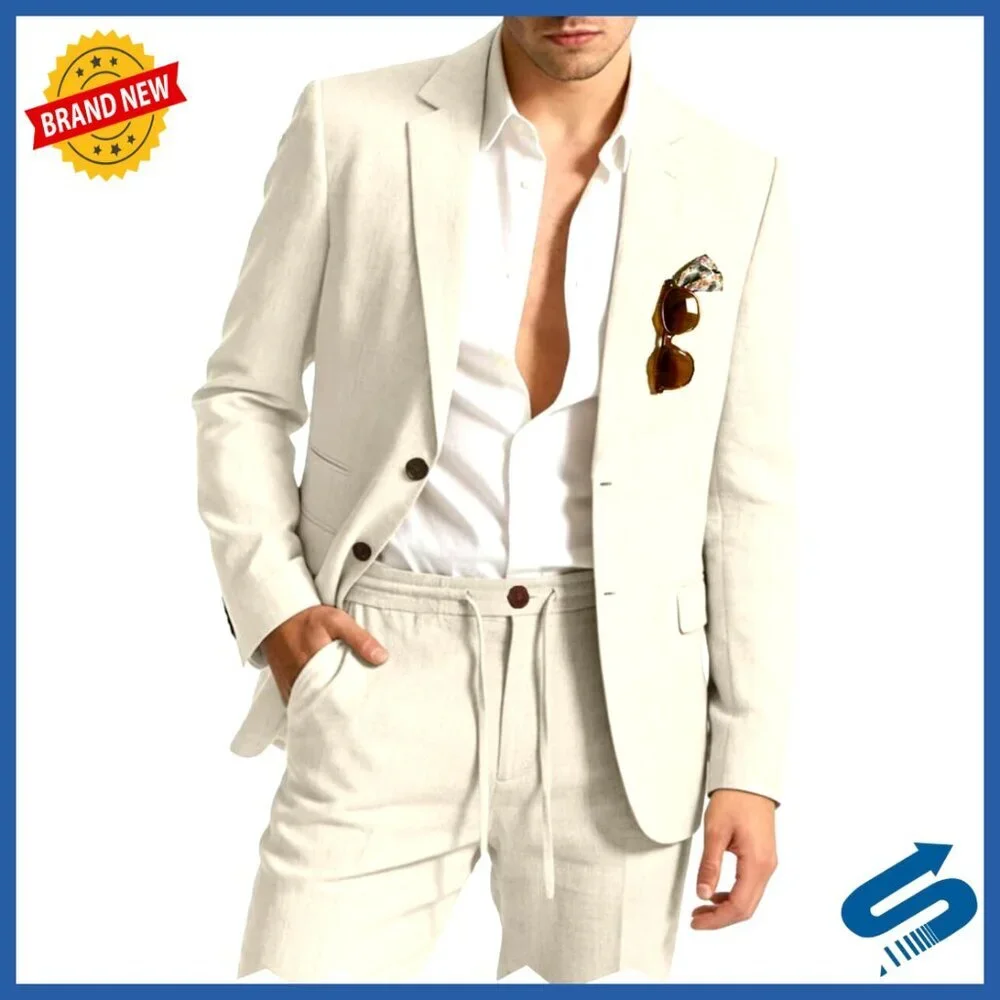 Men's Linen Suit 2-Piece Slim Fit Set Jacket Drawstring Pants Wedding Prom